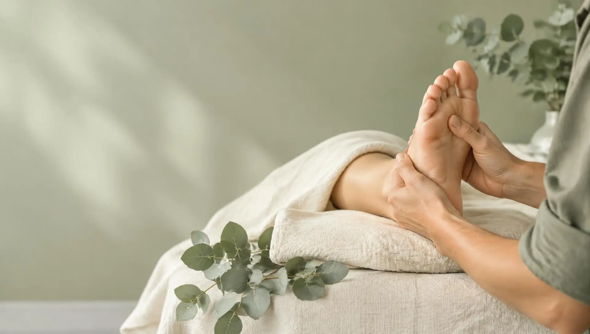 Fussreflexzonenmassage bei Alora in Aesch Hände bei einer Fussreflexzonenmassage auf weichem Leinen mit Eukalyptus